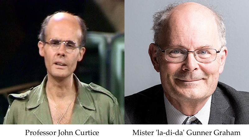 Composite photo of Professor John Curtice and "Gunner Graham" from "It Ain't 'alf Hot, Mum".