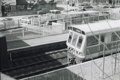 Photo: Class 141 railbus departing Horsforth Rail Station, 1987 (Zenit TTL SLR).