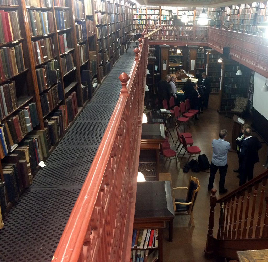 Photo: interior of Leeds Library taken from the upper, mezzanine level.