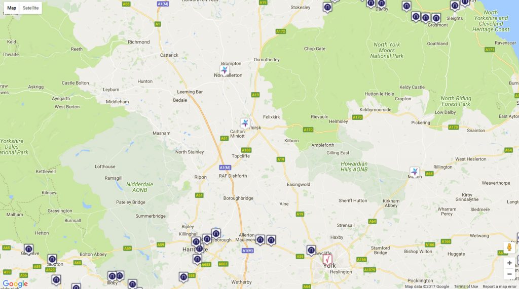 Image: Google map showing only open railway stations in Yorkshire.