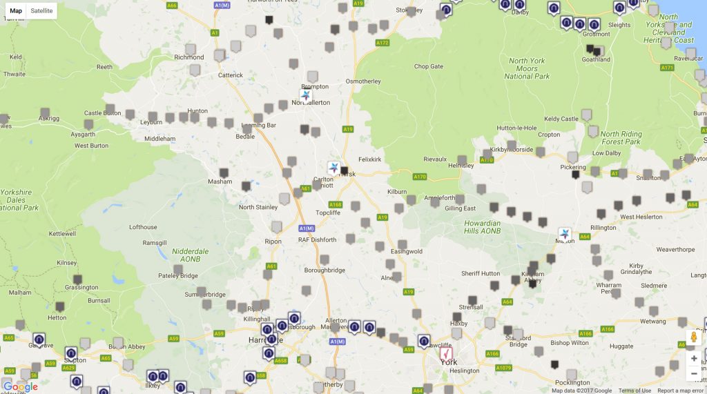 Image: google map showing open and closed railway stations in Yorkshire.